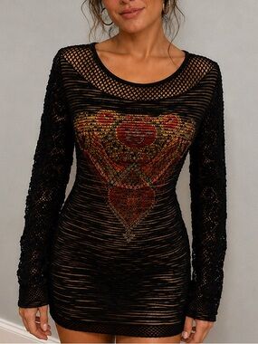 NWT Save the Queen Mesh Heart Dress Top S Black Gold Y2K Euphoria Party